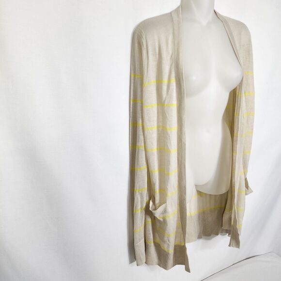 Ann Taylor Loft Sweater Lg Open Front Knit Cardigan Beige Yellow Striped Pockets - Picture 4 of 9